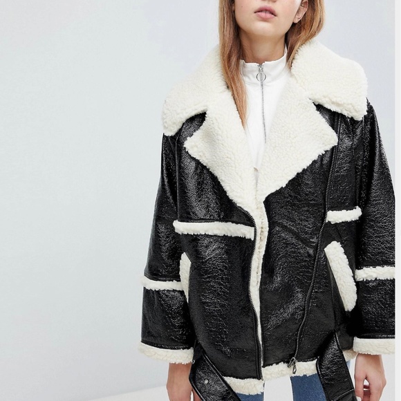 Oversized Faux Leather with Shearling Aviator Jacket Size XS - Picture 9 of 10